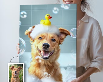 Aangepaste huisdier portretfoto, grappige badkamerkunst, hond leest krant op toilet, hond kunst aan de muur, hond in toilet, huisdier in bad, gepersonaliseerd huisdier cadeau