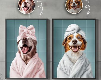 Aangepaste huisdier portretfoto, grappige badkamerkunst, hond leest krant op toilet, hond kunst aan de muur, hond in toilet, huisdier in bad, gepersonaliseerd huisdier cadeau