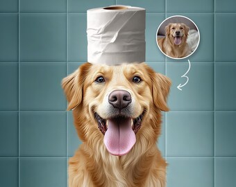 Aangepaste huisdier portretfoto, grappige badkamerkunst, hond leest krant op toilet, hond kunst aan de muur, hond in toilet, huisdier in bad, gepersonaliseerd huisdier cadeau