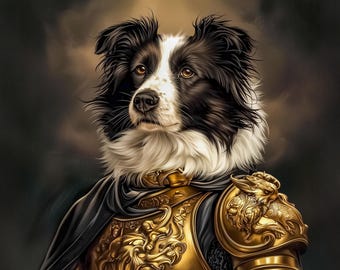 May include: A black and white border collie dog wearing a gold and black knight's armor with a cape. The dog is looking to the right of the image.