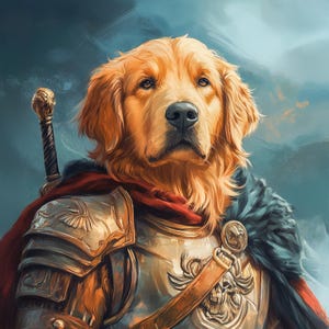 May include: A golden retriever dog wearing golden armour and a red and black cape, holding a sword in its paws. The dog is looking directly at the viewer.