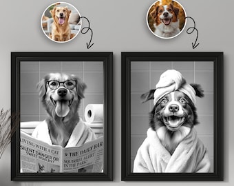 Aangepaste huisdier portretfoto, grappige badkamerkunst, hond leest krant op toilet, hond kunst aan de muur, hond in toilet, huisdier in bad, gepersonaliseerd huisdier cadeau