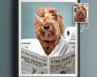 Aangepaste huisdier portretfoto, grappige badkamerkunst, hond leest krant op toilet, hond kunst aan de muur, hond in toilet, huisdier in bad, gepersonaliseerd huisdier cadeau