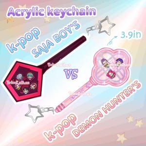 May include: Acrylic keychains featuring K-pop designs. One keychain is a dark red pentagon shape, the other is a pink clover shape. Both have character illustrations and star-shaped charms. The pink keychain is 3.9 inches long.