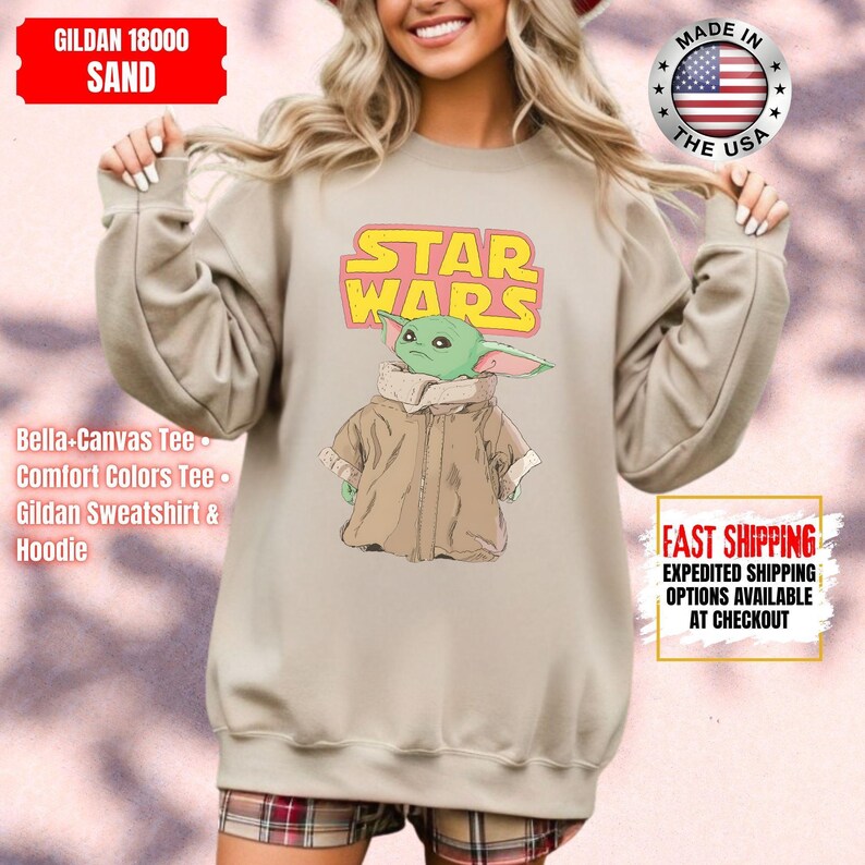 Camiseta de Star Wars Baby Yoda, camiseta de Disney Star Wars, colores cómodos para fans de Star Wars y camisetas Bella+Canvas, sudadera y sudadera con capucha Gildan imagen 11