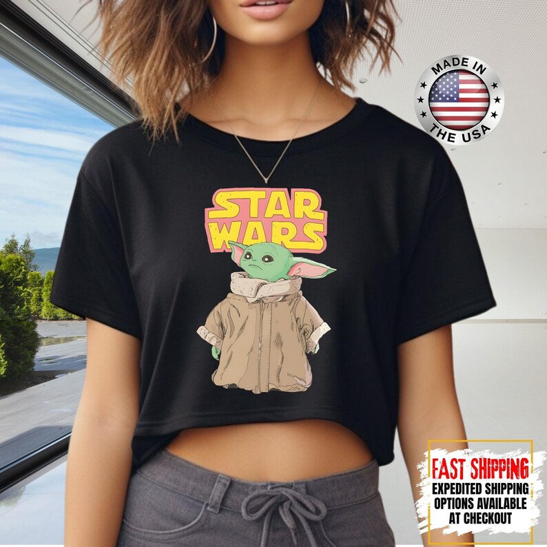 Disney Star Wars Baby Yoda Crop Top, Mandalorian Crop Tee, Galaxy's Edge Crop, Darth Vader, Chewbacca, Star Jedi, Luke Skywalker Crop Top image 11