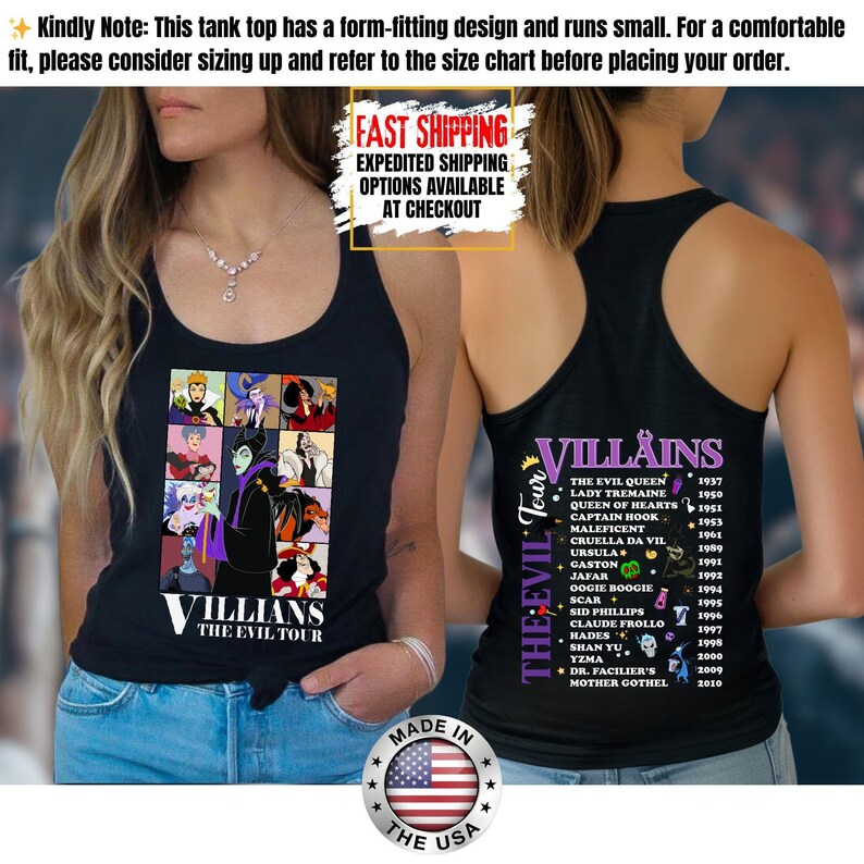 Camiseta sin mangas de villanos de Disney, camiseta retro del Club de las Brujas Malvadas, camiseta vintage de Halloween con vacaciones en los parques de Disney de Úrsula, Maléfica y la Reina Malvada. imagen 10