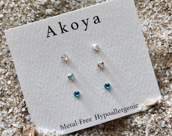 Puces d'oreilles en cristal bleu sans métal : tige en acrylique hypoallergénique, 2 mm