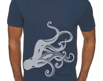 Octopus t-shirt Indigo blue Tentacles Steampunk Nautical Kraken Artsy T-shirt for sailor mens casual fashion, Gift for Dad