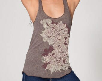 Women's tank top, Mehndi art print, Henna Screen Print,Paisley, Festival clothing, Boho, Woman gift