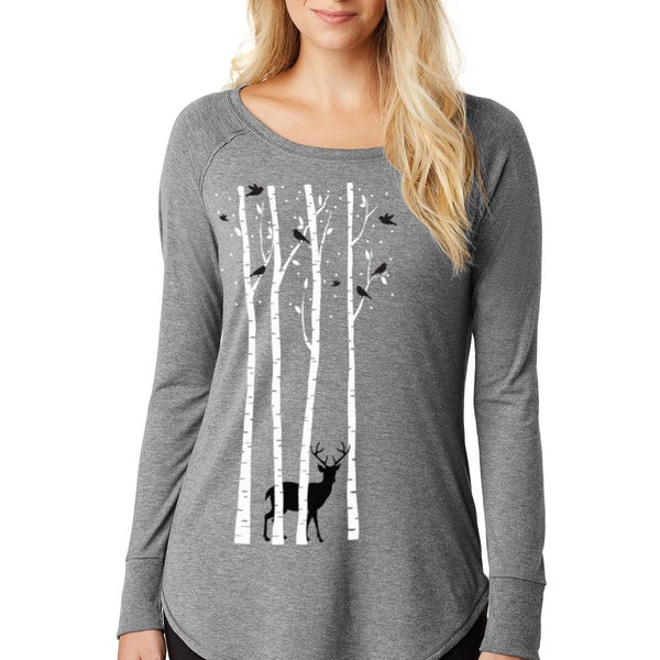 Birch Trees t-shirt, long sleeve tunic t-shirt for women, eco jersey, Unique Gift for women, Deer and birds and birch trees