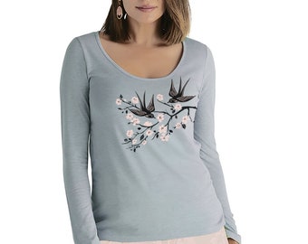Flying Swallows  Long Sleeve Shirt, Cherry Blossom T Shirt, Ballet Neckline, Botanical Shirt, Womens Soft Tee, Gift for Her