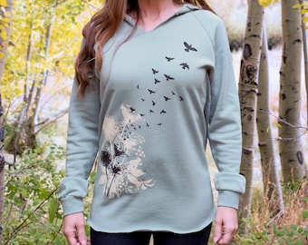 Dandelions Women's Hoodie, Flying birds, wish flower, gardener, woodland pullover, gift for her