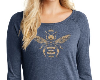 Queen Bee Plus Size women's top, Long sleeve tunic tee with Gold Bee print, for Yoga, Workout, Lounging, 2X, 3X, 4X