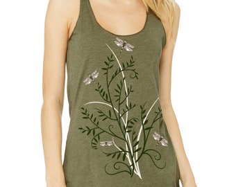 Dragonfly Floral tank top, Woodland, Earthy, Art tank top, Gardener Gift, Olive Green Racerback Tank