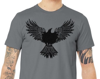 Raven t-shirt,  Black Crow Shirt, Beautiful Black Raven with wings spread, Screen print, black metallic ink, Gift For Him