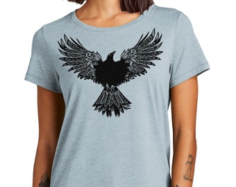 Raven women's t-shirt,  Black Crow Shirt, Beautiful Black Raven with wings spread, Screen print, black metallic ink, Gift Women