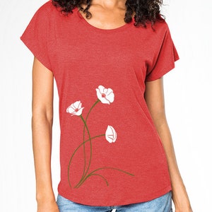 Poppies T-shirt, White Poppies Art, Tomato Red, Dolman short sleeve, Art T-shirt, Cool t-shirt, Gift Women
