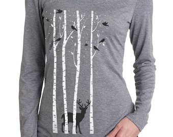 Birch Trees t-shirt long sleeve women's t-shirt, Deer, birds, aspen trees, White Birch Trees Graphic Tee