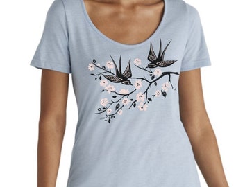 Cherry Blossom and Flying Swallows Shirt, Scoop Neck T-Shirt , Bird and flowers,  Cool Women's top