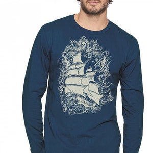 Pirate Ship T-shirt, Sailing Ship, Indigo Blue, Tall Ship, Art T-shirt, Mens Long Sleeve
