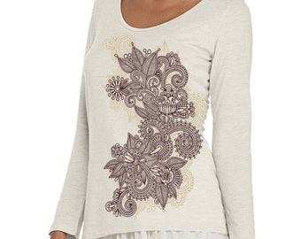 Henna Art, Mehndi, Paisley print, Women's Long Sleeve, Ballet Neck, scoop neck tee, Boho