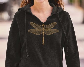 Dragonfly Women's hoodie, Pullover, Steampunk, Gold Jeweled Dragonfly, Art to Wear, Unique Gift for Women