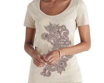 Henna print top, Mehndi, Paisley t-shirt, Earthy, Boho, Women's Ballet Neck top