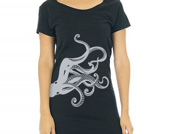 Octopus Dress, Kraken print on Bamboo, Cotton T-shirt dress, Tentacles , Steampunk nightshirt