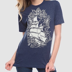 Pirate Ship t-shirt, Indigo, Tall Ship Screen print shirt, graphic tee, Gift for him image 3