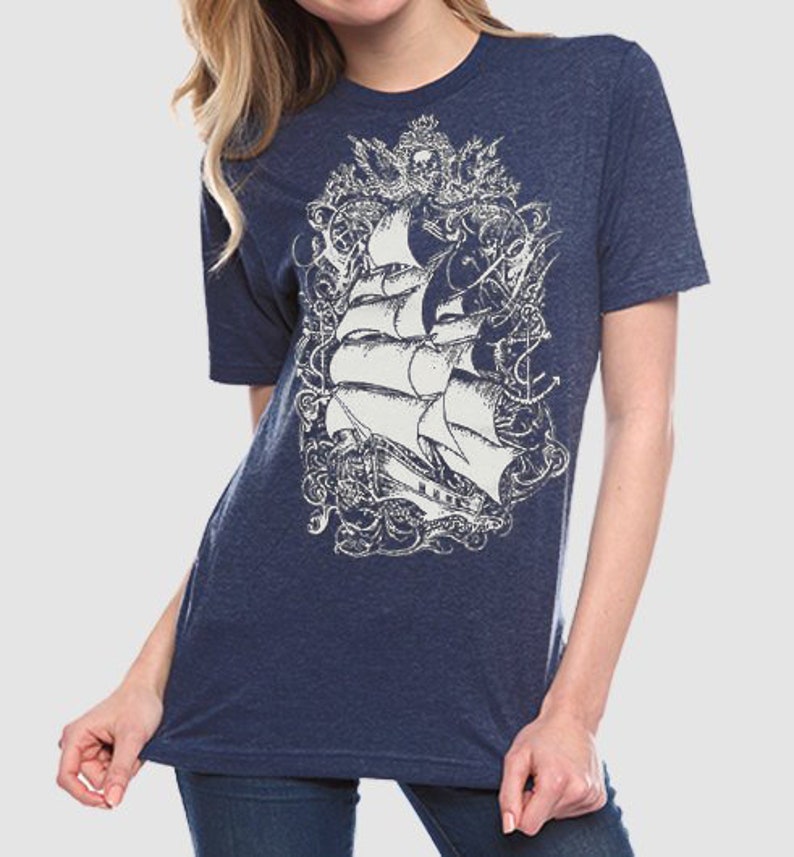 Pirate Ship t-shirt, Indigo, Tall Ship Screen print shirt, graphic tee, Gift for him image 3