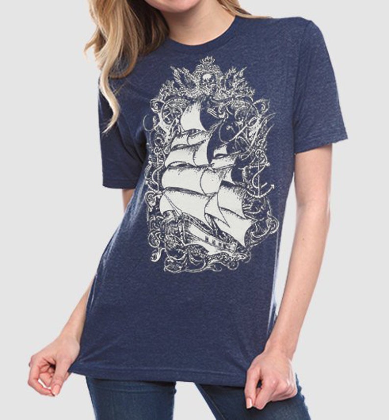 Pirate Ship Tshirt Tall Ship T Shirt Dark Indigo Tri Blend Etsy