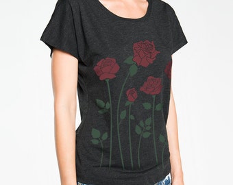 Roses T-shirt, Boxy, Relaxed fit, Dolman sleeve Women's Black graphic tee, Gift for Her, Art T-shirt, Cool t-shirt