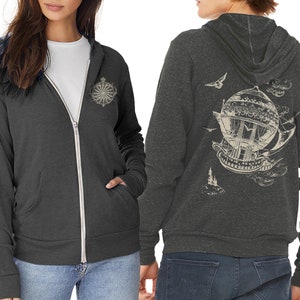 Vintage Airship Hoodie, Hot Air Balloon, Steampunk Hoodie, Graphic Hoodie, Minerve, Lightweight Zip Hoodie, Gift for Dad, Back to School
