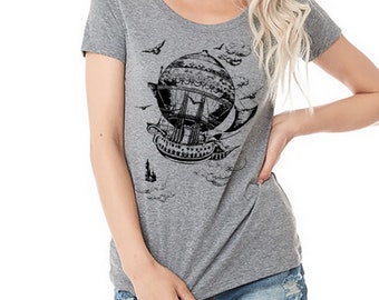 Airship t-shirt, Vintage Hot Air Balloon, Steampunk, Dirigible design, Women's short Sleeve Scoop Neck