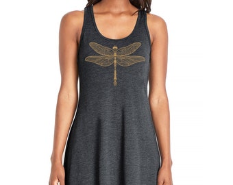 Dragonfly Tank Dress, Steampunk Dragonfly, Metallic Gold print, Cover-up, Boho, Festival Dress