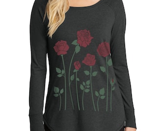 Womens Plus Size Roses Shirt, Red Roses, Black Long Sleeve Tunic, Roses Art T-shirt, Bohemian, 2X, 3X