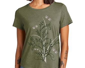 Dragonfly T-Shirt: Olive Green Floral Top, Relaxed Fit