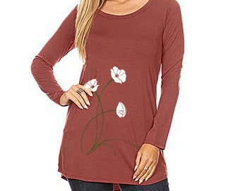 Poppies Tunic, Long Sleeve, Tomato Red Scoop Neck Tunic Top, Art T-shirt, Gift for her