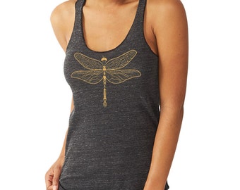 Dragonfly black tank top, Gold Print Steampunk, Jeweled Dragonfly, Insect tee, Racerback Tank