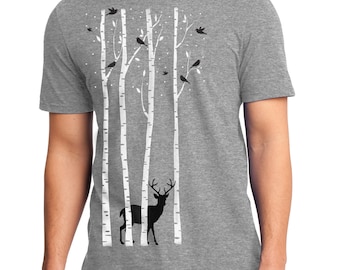Birch Trees Graphic Tee for Men, Aspen forest T-shirt, Stag, Deer, Birds