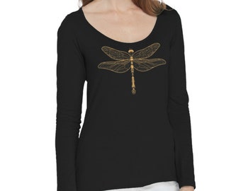 Dragonfly T-shirt, Women's Long Sleeve, Steampunk, Gold Jeweled Dragonfly, Black Scoop Neck, Art T-shirt, Valentines Day gift
