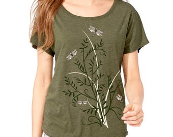 Dragonfly, Floral, Spring Top, Dolman sleeve, relaxed fit, Earthy t-shirt, Woodland Art T-shirt, Gardening Gift