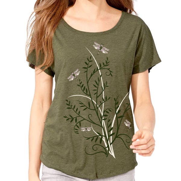 Dragonfly, Floral, Spring Top, Dolman sleeve, relaxed fit, Earthy t-shirt, Woodland Art T-shirt, Gardening Gift