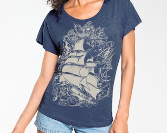 Steampunk Pirate Ship, Nautical T-shirt, Sailing Ship. Boho, jolly roger, Pirate t-shirt, gift for women. Limited Edition