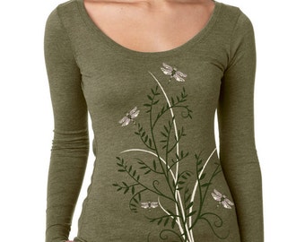 Dragonflies t-shirt, Women's Long Sleeve Graphic tee, Ballet, Scoop Neck Woodland Top,  Unique Gifts for Women, Art T-shirt