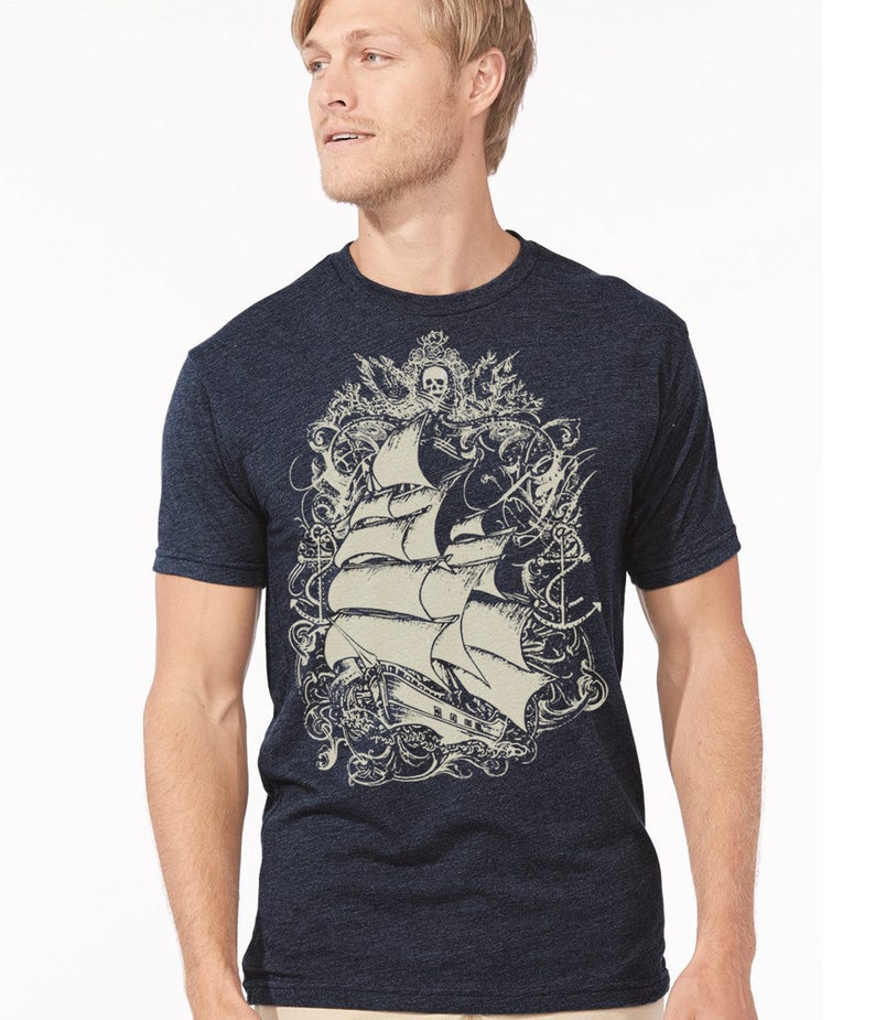 Pirate Ship t-shirt, Indigo, Tall Ship Screen print shirt, graphic tee, Gift for him image 1