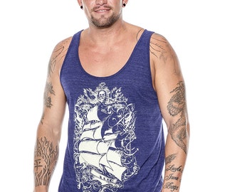 Pirate Ship Old World Sailing Ship Men's Tank Top, Nautical theme, Tri-Blend Indigo Tank