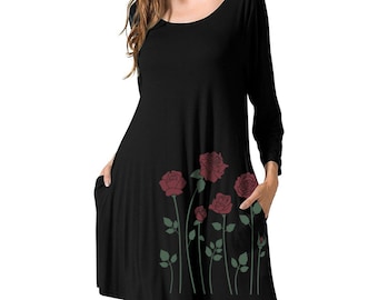 Red Roses Swing Dress, Bamboo, 3/4 Sleeve Black Twirling Dress, Screen print Dress