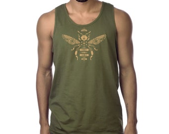 Men's Bee Tank Top, Queen Bee Screen Print, Army Green Bee tank top, Insect, Earthy tank for men, Gift for Dad, Grad, Cool Summer Clothes